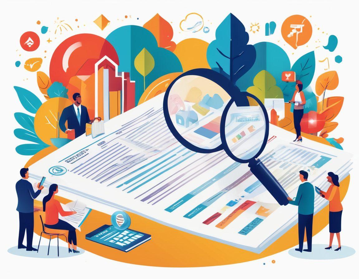 A visually striking illustration showing a diverse group of people reviewing various insurance policy documents with a magnifying glass, surrounded by icons representing health, life, and property insurance. Include a shield symbolizing protection in the background, and a lightbulb above suggesting insights and tips. The setting should convey trust and professionalism, with warm, inviting colors. vector art. vibrant colors. white background.