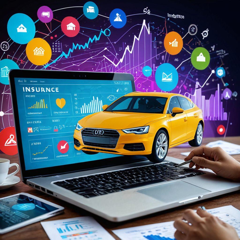 A digital collage showcasing an individual analyzing multiple insurance quotes on a laptop, with colorful graphs and charts indicating different coverage options surrounding them. A magnifying glass symbolizes scrutiny and attention to detail, while icons of different insurance types (car, home, health) float in the background. The scene is bright and inviting, reflecting a sense of empowerment and informed decision-making. vibrant colors. vector art.